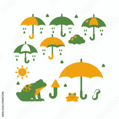 Colorful Umbrellas and Frogs in the Rain-A Cheerful Cartoon Illustration of Rainy Day Fun-Whimsical Weather Art with Sun Clouds and Cute Frogs