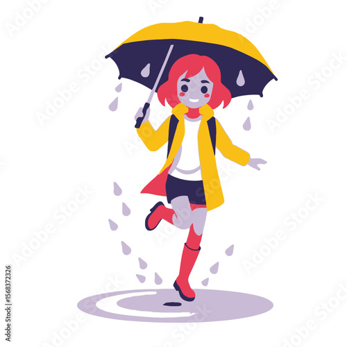 Girl enjoying the rain with yellow umbrella-Pink hair girl wearing raincoat and red boots playing in the rain-Cute cartoon character in rainy day clothing