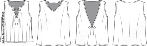 Tank top technical sketch, sleeveless top vector, lace up front top, fashion flat design, back tie top, women’s top illustration, summer apparel