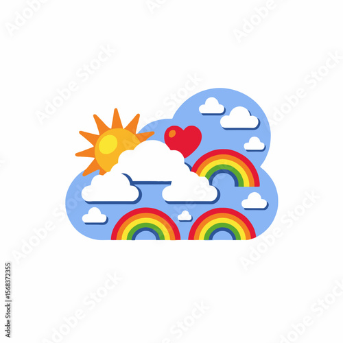 Rainbows and Sunshine Illustration- Whimsical Cloudscape with Sun- Heart- and Colorful Arches- Ideal for Children's Decor or Positive Vibes Designs