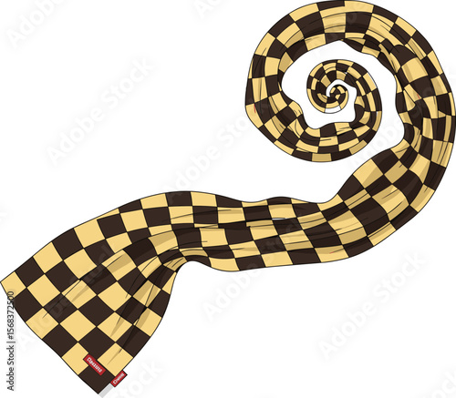 Checkered Pattern Scarf Flat Technical Drawing, Curled View Vector Template, Fashion Accessory Design Illustration for Autumn and Winter Wear, Stylish Checker Print Neck Wrap.