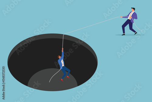 Vector illustration of a businessman helping another businessman out of a hole with a rope, symbolizing teamwork, support, leadership, and overcoming obstacles in business
