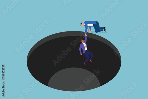 Vector illustration of a businessman helping another businessman out of a hole, symbolizing collaboration, support, leadership, and overcoming challenges together in business
