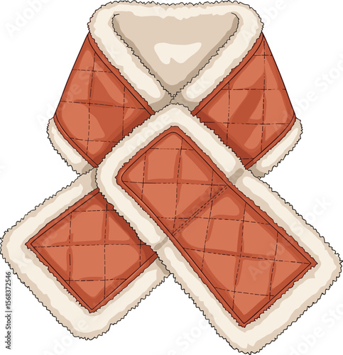 Quilted Fleece Scarf Flat Technical Drawing, Winter Neckwear Vector Template, Cozy Cross Wrap Design with Faux Fur Trim, Fashionable Cold Weather Accessory Illustration.