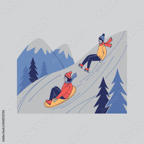 Two people enjoying a thrilling winter sledding adventure down a snowy mountain slope