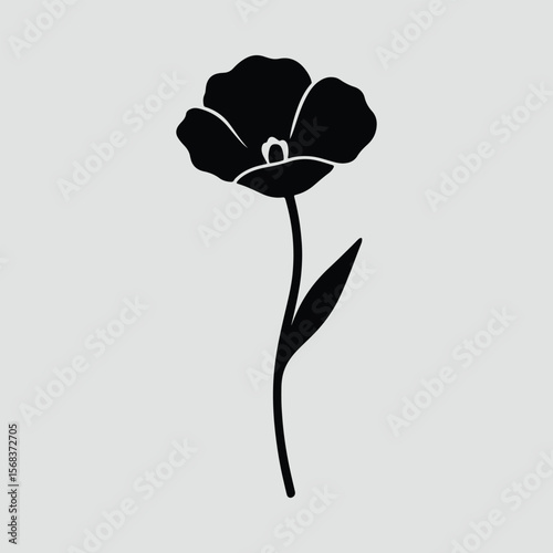 Silhouette poppy flower single stem minimal black and white Vector illustration