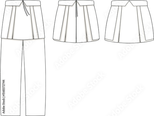 Layered skirt pants vector, fashion technical flat, pleated skirt overlay, cad drawing, womenswear design, flat sketch, pants with wrap skirt detail