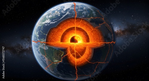 Earth's Inner Core: A visual journey into Earth's core, showcasing tectonic plates and volcanic activity, a cosmic collision and planetary layers, where the blue planet against the backdrop of space.