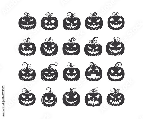 Spooky Jack-o'-Lantern Black Silhouette Icons: Halloween Pumpkin Set