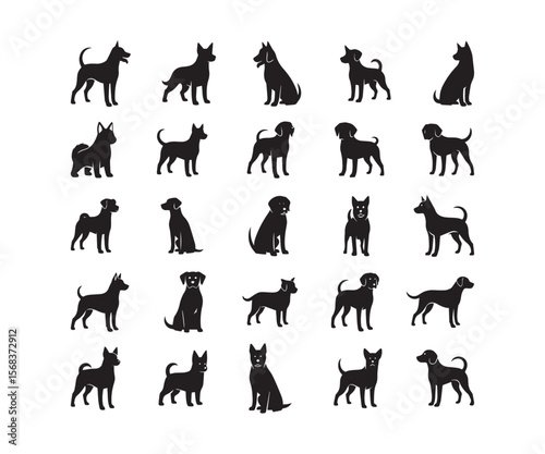 Black Silhouette Dog Icons: Diverse Breeds & Canine Poses Set