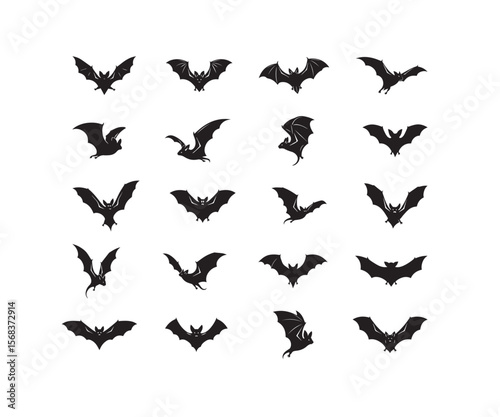 Flying Bat Black Silhouette Icons: Spooky Halloween & Wildlife Set