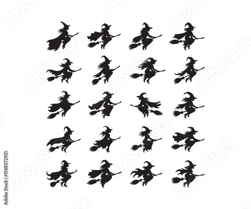 Halloween Witch Riding Broom Black Silhouette Icons: Spooky Flying Set