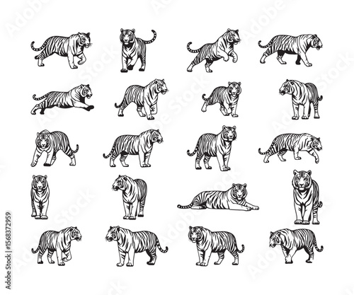 Black Silhouette Tiger Icons: Diverse Poses & Majestic Wildlife Set