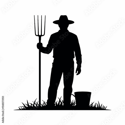 Silhouette of Farmer with Pitchfork Vector Illustration