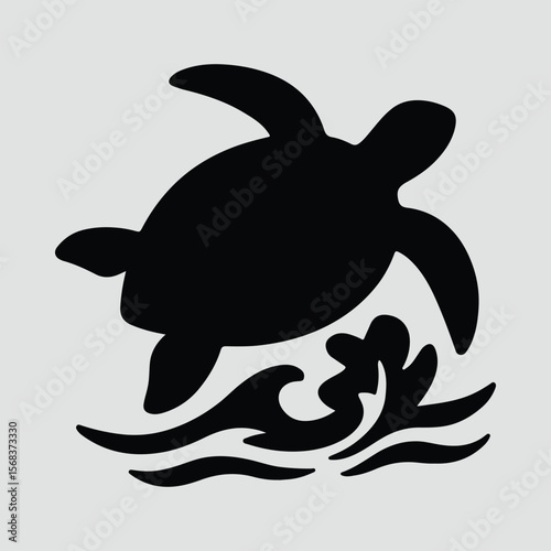 Silhouette sea turtle swimming underwater over waves ocean Vector illustration
