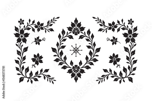 Elegant black floral border design with central medallion