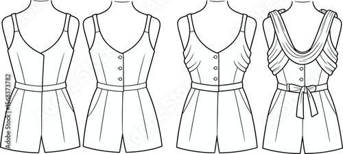 Women's romper fashion sketch, strappy playsuit flat, button front romper, draped back jumpsuit, sleeveless short jumpsuit, summer outfit design, technical fashion drawing