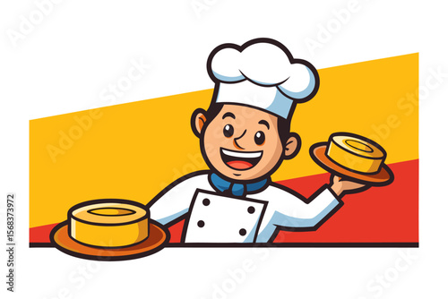 Cheerful Chef with Cakes: An illustrated chef, complete with hat and uniform, presents a pair of delectable cakes, inviting viewers to savor the culinary delights.