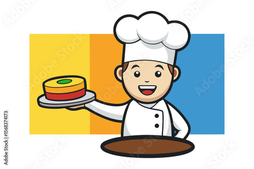 Artisan Chef's Delight: A smiling chef, resplendent in a crisp white hat and coat, presents a delectable layered cake, a testament to culinary craftmanship, ready to be enjoyed.