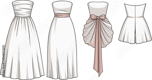 Strapless dress sketch, evening gown vector, ruched bodice dress, satin sash dress, bridal flat sketch, cocktail dress design, formal wear fashion