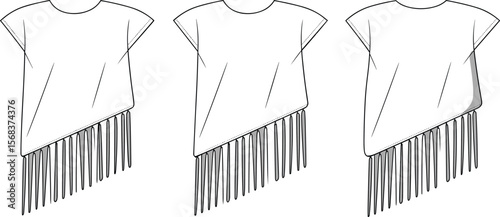 Fringe hem blouse sketch, asymmetrical t-shirt vector, short sleeve top, women’s fashion flat, stylish apparel design, fashion technical drawing, trendy shirt