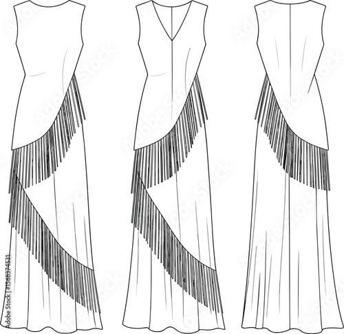 Fringe evening gown sketch, fashion flats dress, asymmetrical fringe dress, vector dress illustration, women’s gown design, long fringe dress, technical flat drawing