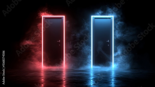 Two doors with smoke coming out of them. One is red and the other is blue. The smoke is glowing and creating a mysterious atmosphere
