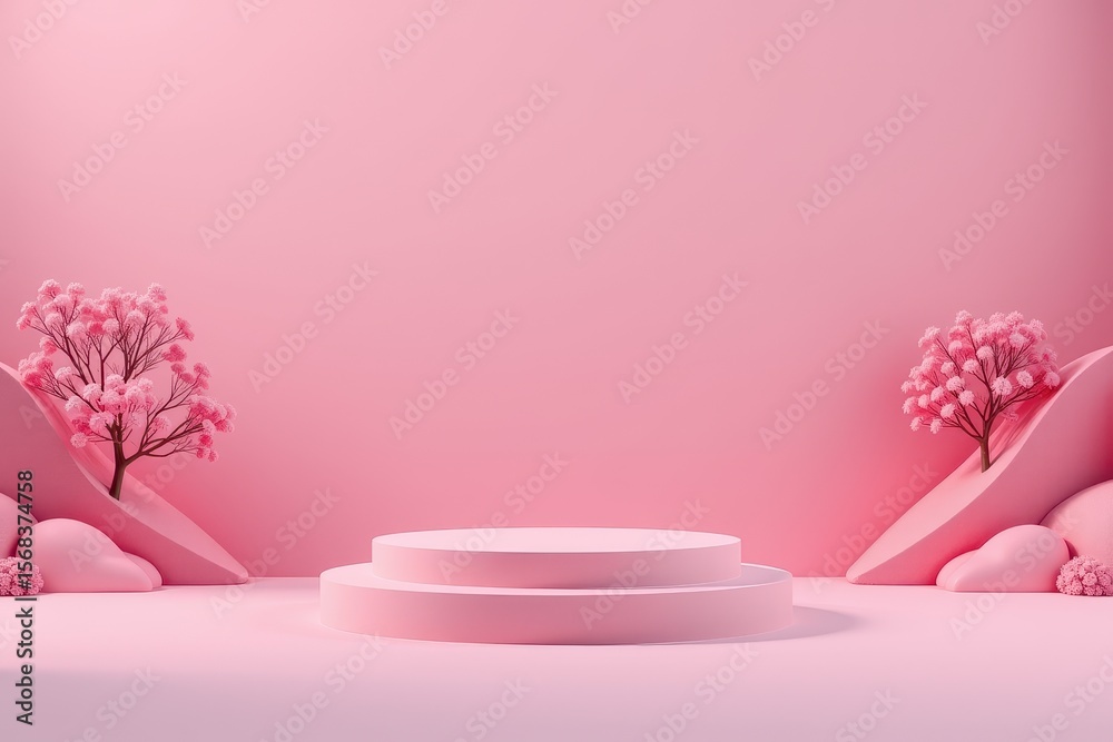 custom made wallpaper toronto digitalMinimalist Pink Background with Floral Elements and Circular Platform