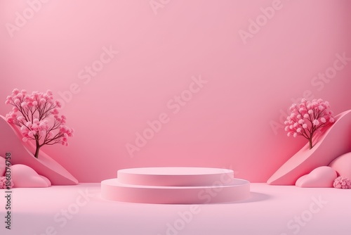 Minimalist Pink Background with Floral Elements and Circular Platform