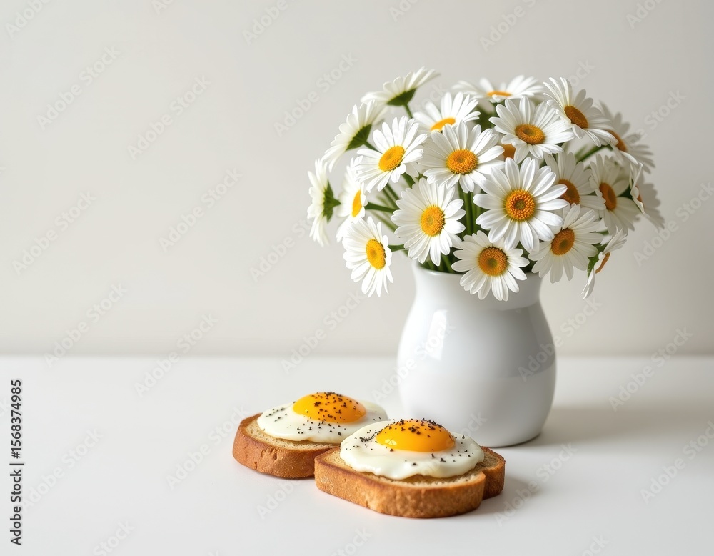 custom made wallpaper toronto digitalBeautiful White Daisies with Fried Eggs on Toast in White Vase