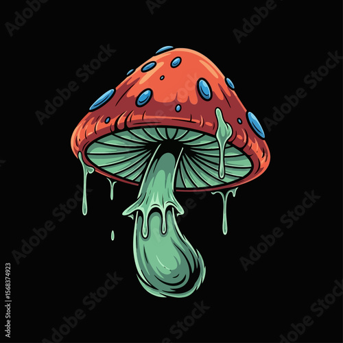 A vibrant illustration of a psychedelic mushroom with dripping, glowing green slime, set against a black background.