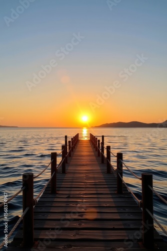 Serene Sunset Over a Tranquil Lake with Wooden Pier and Mountains