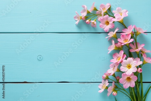 Pink Flowers on Blue Wooden Background for Spring and Summer Decor
