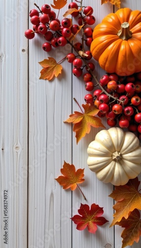 Autumn Pumpkin and Berry Arrangement on Wooden Background