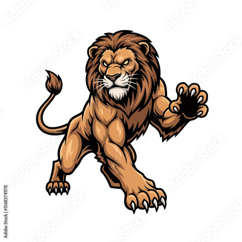 Powerful lion poised to strike, muscular physique, intense gaze, ready stance, sharp claws.