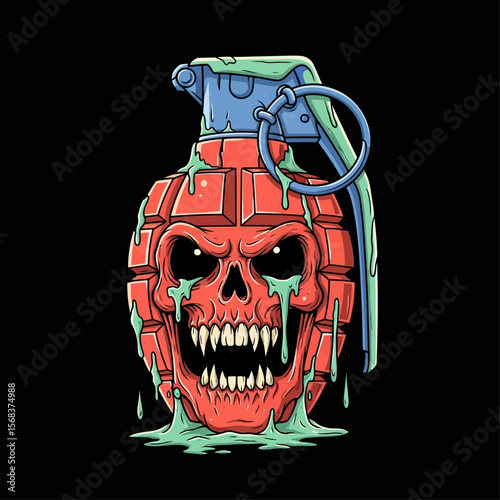 A stylized graphic design of a grenade shaped like a skull, dripping with a greenish substance, set against a black background.