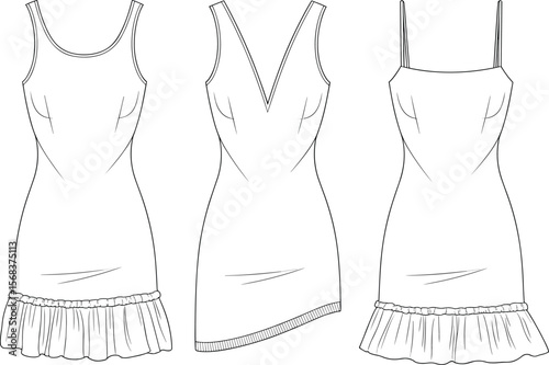 Mini dress fashion sketch, bodycon dress flat, ruffle hem dress, sleeveless mini dress, spaghetti strap dress, technical dress sketch, vector fashion design