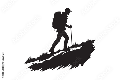 Silhouette of a hiker with a backpack and trekking poles ascending a grassy slope