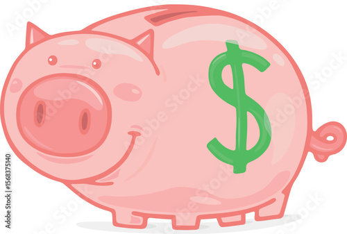HAPPY PINK PIG PIGGY BANK ON ISOLATED WHITE BACKGROUND - FINANCE AND ECONOMY