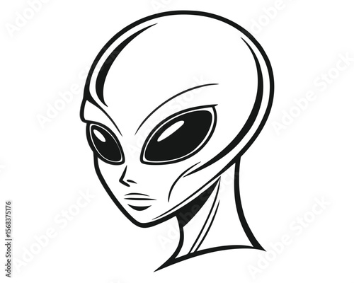 Artistic illustration of a classic grey alien head in black and white vector design.