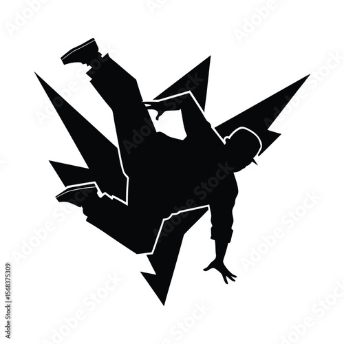 Breakdancer performing a freeze with abstract shapes silhouette vector illustration