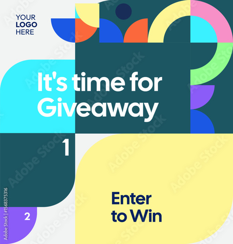 Square template for social media post announcement of giveaway winner with colorful geometric ornaments. Perfect for online store business marketing. Attractive giveaway background