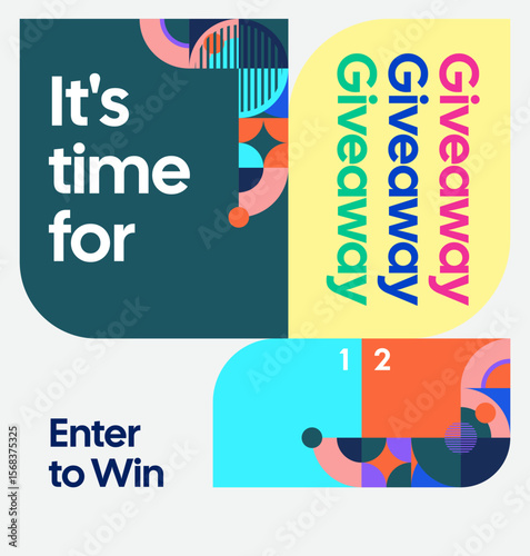 Square template for social media post announcement of giveaway winner with colorful geometric ornaments. Perfect for online store business marketing. Attractive giveaway background