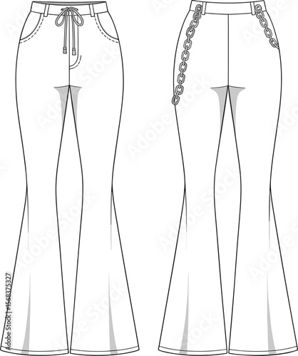 Flared pants sketch, fashion technical drawing, lace-up trousers flat, button side pants, bell bottom pants, vector pants design, flared trousers sketch