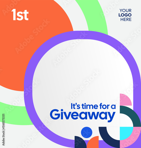 Square template for social media post announcement of giveaway winner with colorful geometric ornaments. Perfect for online store business marketing. Attractive giveaway background