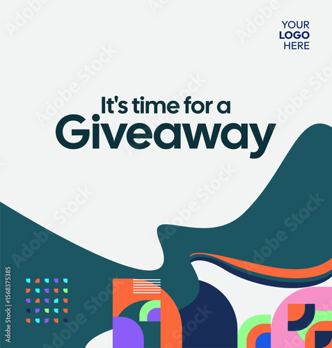 Square template for social media post announcement of giveaway winner with colorful geometric ornaments. Perfect for online store business marketing. Attractive giveaway background