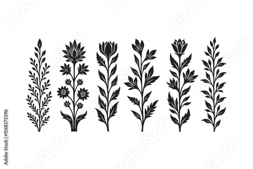 Collection of elegant black silhouette floral and leafy branch designs