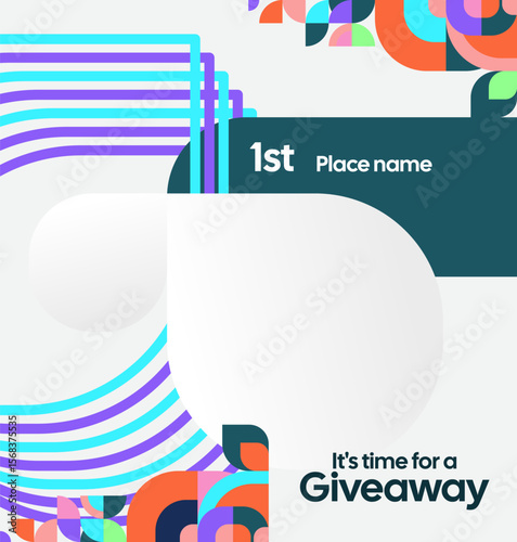 Square template for social media post announcement of giveaway winner with colorful geometric ornaments. Perfect for online store business marketing. Attractive giveaway background