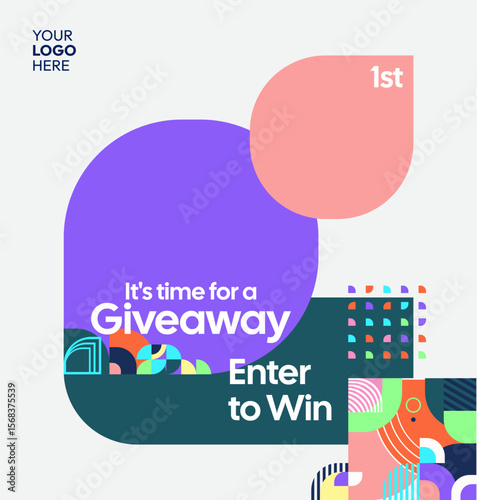 Giveaway winner announcement social media post template with colorful geometric ornaments. Perfect for business marketing. Festive giveaway background