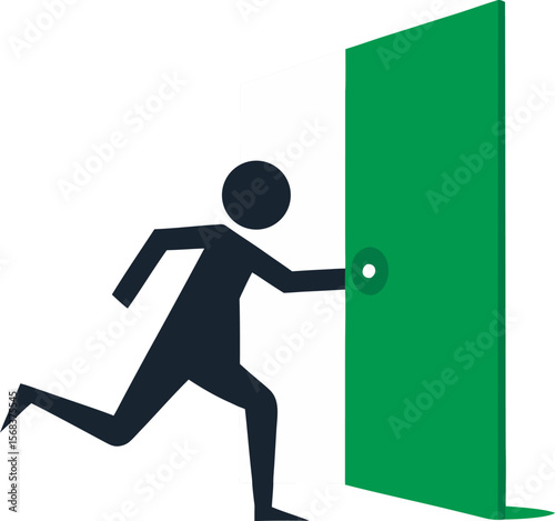 Running Figure Reaching for Green Door:  Simple Icon, Opportunity, Escape Concept isolated on a white background